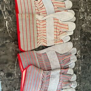 2 pair Cotton Leather Industrial Work Gloves Heavy Duty Red Gray Striped Cuff
